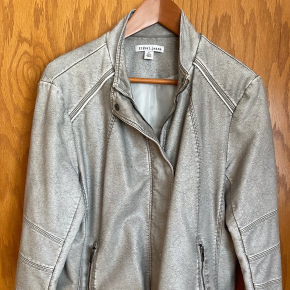 TRIBAL JEANS  faux leather moto-style jacket. Gray. Size XL. - Picture 3 of 5